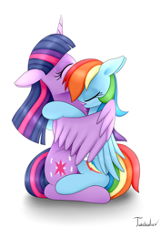 Size: 2480x3507 | Tagged: safe, artist:twidasher, rainbow dash, twilight sparkle, alicorn, pegasus, pony, g4, chest fluff, duo, duo female, eyes closed, female, high res, horn, hug, lesbian, mare, ship:twidash, shipping, signature, simple background, size difference, twilight sparkle (alicorn), white background, winghug, wings