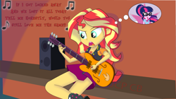 Size: 1923x1079 | Tagged: safe, artist:jcpreactyt, sci-twi, sunset shimmer, twilight sparkle, equestria girls, g4, cute, female, girlfriend, guitar, lesbian, locked away, music, musical instrument, r. city, sci-twiabetes, shimmerbetes, ship:sci-twishimmer, ship:sunsetsparkle, shipping, song reference, thought bubble, twiabetes