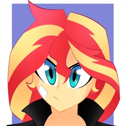 Size: 1776x1776 | Tagged: safe, artist:xan-gelx, sunset shimmer, equestria girls, g4, bandage, bust, determined, eye scar, female, frown, looking at you, portrait, scar, simple background, solo