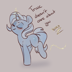 Size: 1525x1525 | Tagged: safe, artist:lou, derpibooru exclusive, trixie, pony, unicorn, g4, blushing, cute, dialogue, diatrixes, eyes closed, female, glowing horn, gray background, horn, magic, mare, simple background, smiling, smug, solo, third person, xoxo