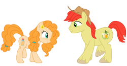 Size: 3977x2051 | Tagged: safe, artist:third uncle, bright mac, pear butter, earth pony, pony, g4, the perfect pear, cowboy hat, dancing, eye contact, female, flower, flower in hair, hat, high res, husband and wife, looking at each other, male, mare, mouth hold, ship:brightbutter, shipping, simple background, smiling, stallion, straight, transparent background