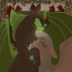 Size: 2048x2048 | Tagged: safe, artist:lunathemoongod, oc, oc only, oc:envy dio, bat pony, pegasus, pony, bat pony oc, bat wings, christmas, christmas stocking, clothes, commission, couple, cute, eyes closed, female, fire, fireplace, floppy ears, happy, hearth's warming, high res, holiday, hooves, kissing, large wings, love, male, mare, mistletoe, new year, oc x oc, pegasus oc, romance, shipping, spread wings, stallion, stockings, straight, thigh highs, wings