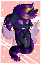 Size: 1017x1574 | Tagged: safe, artist:yuris, oc, oc only, oc:nero, changeling, pony, abstract background, floppy ears, purple changeling, solo, two toned mane
