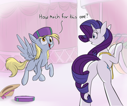 Size: 2400x2000 | Tagged: safe, artist:rocket-lawnchair, derpy hooves, rarity, pegasus, pony, unicorn, butt, cute, derpabetes, derpy being derpy, hat, indoors, plot, present, raribetes, rearity, silly, silly pony