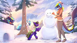 Size: 3840x2160 | Tagged: safe, artist:fensu-san, oc, oc only, oc:marina, oc:tpuk, oc:ultra marine, pony, shark, unicorn, anthro, plantigrade anthro, boots, christmas, clothes, eyebrows, eyebrows visible through hair, furry, furry oc, hat, high res, holiday, santa hat, scarf, scenery, shoes, smiling, snow, snow fort, snowball, snowman, tongue out, tree, wallpaper, winter