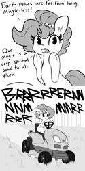 Size: 3000x6000 | Tagged: safe, artist:tjpones, oc, oc only, oc:brownie bun, earth pony, pony, comic, dialogue, grass, irony, lawn mower, monochrome, mowing, sitting, smiling, solo