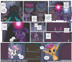 Size: 3000x2563 | Tagged: safe, artist:perfectblue97, applejack, rarity, scootaloo, sweetie belle, twilight sparkle, oc, changeling, earth pony, pegasus, pony, unicorn, comic:shadows of the past, g4, the ending of the end, comic, crying, glowing horn, high res, horn, open mouth, speech bubble, tears of pain