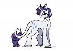 Size: 2048x1423 | Tagged: safe, artist:lrusu, part of a set, rarity, pony, unicorn, g4, choker, elusive, leonine tail, lidded eyes, looking at you, male, rule 63, simple background, smiling, solo, stallion, unshorn fetlocks, white background