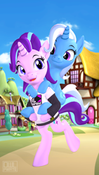 Size: 2160x3840 | Tagged: safe, artist:owlpirate, starlight glimmer, trixie, pony, unicorn, g4, 3d, bipedal, clothes, cute, day, duo, female, high res, mare, open mouth, piggyback ride, ponyville, smiling, source filmmaker, walking