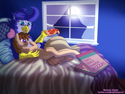 Size: 2700x2025 | Tagged: safe, artist:sketchy knight, oc, oc only, oc:talu gana, griffon, pony, bed, couple, cute, high res, love, moon, relaxing, room, watching tv, window