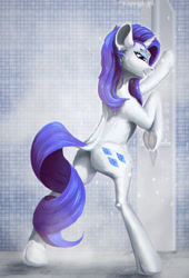 Size: 994x1459 | Tagged: safe, artist:itssim, rarity, pony, unicorn, g4, aside glance, bipedal, bipedal leaning, butt, female, leaning, looking at you, mare, plot, rearity, shower, smiling, smiling at you, solo, underhoof, wet, wet mane