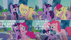 Size: 2000x1125 | Tagged: safe, edit, edited screencap, editor:quoterific, screencap, fluttershy, pinkie pie, spike, twilight sparkle, pony, unicorn, g4, the crystal empire, disguise, fluttershy suit, unicorn twilight