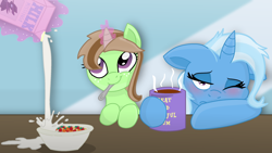 Size: 1920x1080 | Tagged: safe, artist:grapefruitface1, artist:joey darkmeat, mare do well, trixie, oc, oc:limey lulamoon, pony, g4, base used, blushing, cereal, female, food, kitchen, magic, magic aura, meme, milk, mother and child, mother and daughter, offspring, one eye closed, parent:oc:grapefruit face, parent:trixie, parents:canon x oc, parents:grapexie, spill, spoon, table, telekinesis, tired