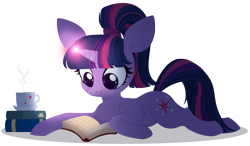 Size: 4000x2342 | Tagged: safe, artist:belka-sempai, twilight sparkle, pony, unicorn, g4, alternate hairstyle, book, chest fluff, cute, glowing horn, high res, horn, leg fluff, lying down, magic, mug, ponytail, prone, reading, simple background, solo, transparent background, twiabetes, unicorn twilight