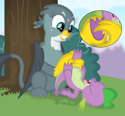 Size: 3524x3259 | Tagged: safe, artist:porygon2z, gabby, spike, dragon, griffon, g4, female, grass, high res, laughing, male, tickling, tree