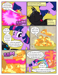 Size: 612x792 | Tagged: safe, artist:newbiespud, edit, edited screencap, screencap, applejack, rainbow dash, twilight sparkle, changeling, earth pony, pegasus, pony, unicorn, comic:friendship is dragons, a canterlot wedding, g4, ball of violence, circling stars, comic, dialogue, disguise, disguised changeling, dizzy, eyelashes, eyes closed, female, fight, frown, glowing horn, hat, horn, magic, mare, onomatopoeia, open mouth, pony pile, screencap comic, telekinesis, unicorn twilight