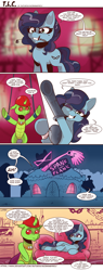 Size: 1200x3150 | Tagged: safe, artist:saturdaymorningproj, oc, oc only, oc:berzie, changedling, changeling, earth pony, pony, bait and switch, bedroom eyes, chains, changedling oc, changeling oc, clothes, comic, couch, dialogue, earth pony oc, female, gloves, hard hat, latex, latex gloves, makeup, male, mare, mouth hold, movie quote, riding crop, safe word, who framed roger rabbit