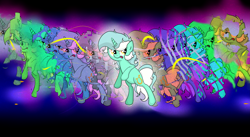 Size: 7559x4157 | Tagged: safe, alternate version, artist:background basset, lyra heartstrings, pony, unicorn, g4, bipedal, clone, dimension travel, dimensional cracks, female, open mouth, solo
