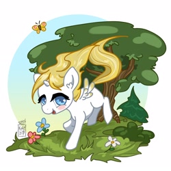 Size: 2160x2160 | Tagged: safe, artist:kchche, derpibooru exclusive, oc, oc:sweetie shy, alicorn, butterfly, pony, alicorn oc, blushing, female, filly, flower, forest background, gift art, happy, high res, horn, looking at you, running, shy, wings