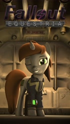 Size: 3072x5462 | Tagged: safe, artist:thegreatbeardedoc, oc, oc only, oc:littlepip, pony, unicorn, fallout equestria, 3d, clothes, eyes open, female, green eyes, jumpsuit, looking at you, mare, one eye closed, pipbuck, poster, smiling, smiling at you, solo, source filmmaker, stable 2, vault suit, wink, winking at you