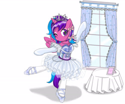 Size: 2692x2228 | Tagged: safe, artist:avchonline, oc, oc:melody aurora, alicorn, semi-anthro, accessory, alicorn oc, arabesque, arm hooves, ballerina, ballet, ballet pose, ballet slippers, bipedal, bow, clothes, gloves, high res, horn, jewelry, looking at you, one eye closed, picture, picture frame, pose, ribbon, standing on one leg, table, tiara, tights, tutu, tututiful, window, wings, wink
