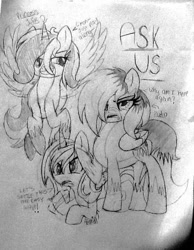 Size: 637x822 | Tagged: safe, artist:juliet-gwolf18, oc, oc only, oc:juliet, pegasus, pony, ask, dialogue, eyelashes, flying, grayscale, lineart, monochrome, pegasus oc, raised hoof, traditional art, unamused, wings