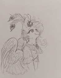 Size: 945x1200 | Tagged: safe, artist:hkpegasister, fluttershy, pegasus, pony, g4, clothes, dress, gala dress, grand galloping gala, monochrome, pencil drawing, smiling, solo, traditional art