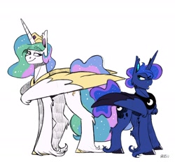Size: 2048x1899 | Tagged: safe, artist:lrusu, princess celestia, princess luna, alicorn, pony, brothers, colored wings, duo, eye clipping through hair, eyebrows, large wings, lidded eyes, looking at each other, male, multicolored wings, prince artemis, prince solaris, royal brothers, rule 63, siblings, simple background, smiling, stallion, unshorn fetlocks, white background, wings