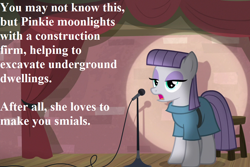 Size: 972x648 | Tagged: safe, edit, edited screencap, editor:korora, screencap, maud pie, g4, the maud couple, clothes, cropped, dress, implied pinkie pie, lord of the rings, maud the comedian, microphone, pun, speech, spotlight, stage, talking