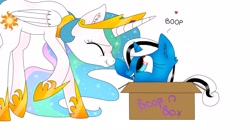 Size: 1930x1080 | Tagged: safe, artist:emalajiss36, princess celestia, oc, oc:miss smile, alicorn, pony, g4, alicorn oc, boop, boop box, box, duo, eyelashes, eyes closed, female, heart, hoof shoes, horn, jewelry, mare, open mouth, peytral, pony in a box, raised hoof, simple background, smiling, talking, tiara, white background, wings