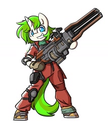 Size: 1332x1554 | Tagged: safe, artist:spheedc, oc, oc only, oc:vinyl mix, unicorn, semi-anthro, apex legends, arm hooves, bipedal, clothes, digital art, gun, rampart, simple background, smiling, solo, weapon, white background