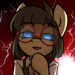 Size: 500x500 | Tagged: safe, artist:spheedc, oc, oc only, oc:sphee, earth pony, semi-anthro, arm hooves, bipedal, clothes, digital art, female, filly, glasses, glowing eyes, mare, parody, smug