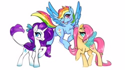 Size: 4096x2304 | Tagged: safe, artist:techycutie, fluttershy, rainbow dash, rarity, classical unicorn, flutter pony, pegasus, pony, unicorn, g4, butterfly wings, cloven hooves, facial markings, flower, flutterfly, flying, gradient hooves, horn, leonine tail, redesign, ribbon, shy, tongue out, trio, unshorn fetlocks, wings