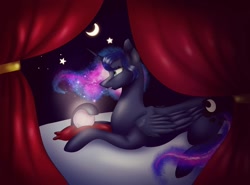 Size: 1080x801 | Tagged: safe, artist:rxndxm.artist, princess luna, alicorn, pony, g4, crescent moon, crystal ball, ethereal mane, female, galaxy mane, lying down, mare, missing accessory, moon, prone, solo, stars, ych example, your character here