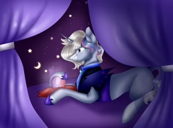 Size: 1080x801 | Tagged: safe, artist:rxndxm.artist, oc, oc only, pony, unicorn, commission, crescent moon, crystal ball, hoof shoes, horn, indoors, lying down, moon, prone, solo, stars, unicorn oc, ych result