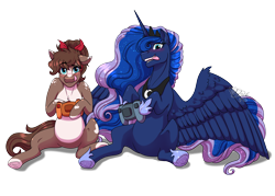 Size: 4000x2857 | Tagged: safe, artist:jack-pie, princess luna, oc, alicorn, pony, gamer luna, g4, belly, blushing, commission, controller, countershading, dexterous hooves, duo, female, hoof hold, licking, licking lips, mare, playing, round belly, simple background, sternocleidomastoid, tongue out, transparent background