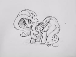 Size: 2578x1935 | Tagged: safe, artist:binkyt11, fluttershy, pegasus, pony, g4, female, mare, monochrome, raised hoof, simple background, solo, traditional art, white background