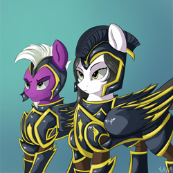 Size: 2000x2000 | Tagged: safe, artist:vell221, oc, oc only, oc:captain inclement, oc:sky fury, pegasus, pony, armor, blue background, boots, clothes, commission, duo, female, gloves, guard, helmet, high res, mare, royal guard, shoes, simple background