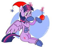 Size: 1377x1119 | Tagged: safe, alternate version, artist:lowname, twilight sparkle, alicorn, pony, g4, abstract background, bauble, christmas, clothes, colored, female, gloves, glowing horn, hat, holiday, horn, magic, mare, santa hat, sitting, solo, telekinesis, thinking, twilight sparkle (alicorn)