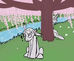 Size: 2560x2122 | Tagged: safe, artist:lowname, oc, oc only, earth pony, pony, unicorn, bald, commission, earth pony oc, exclamation point, floral head wreath, flower, glowing horn, hiding, high res, horn, magic, outdoors, river, telekinesis, tree, unicorn oc, your character here