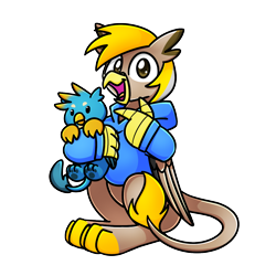 Size: 1240x1240 | Tagged: safe, artist:sugar morning, gallus, oc, oc:pad, griffon, derpibooru community collaboration, g4, clothes, griffon oc, hoodie, looking at you, open mouth, paw pads, paws, plushie, pointing, simple background, transparent background, underpaw