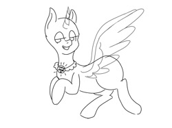 Size: 1200x899 | Tagged: safe, artist:lowname, oc, oc only, alicorn, pony, alicorn oc, bald, bedroom eyes, commission, flying, grin, horn, jewelry, lineart, monochrome, necklace, smiling, solo, wings, your character here