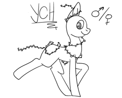 Size: 2500x2000 | Tagged: safe, artist:lowname, oc, oc only, earth pony, pony, bald, christmas, christmas lights, commission, earth pony oc, high res, holiday, lineart, monochrome, running, simple background, smiling, solo, white background, your character here