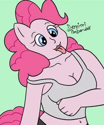 Size: 2900x3500 | Tagged: safe, artist:demitri, pinkie pie, anthro, g4, :3, belly button, breasts, busty pinkie pie, cleavage, collarbone, cute, diapinkes, high res, open mouth, signature, solo, tongue out, wingding eyes