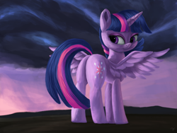Size: 4000x3000 | Tagged: safe, artist:flusanix, twilight sparkle, alicorn, pony, g4, butt, feathered wings, female, looking at you, looking back, looking back at you, mare, plot, solo, spread wings, twibutt, twilight sparkle (alicorn), wings