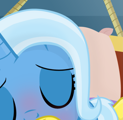 Size: 1287x1250 | Tagged: safe, artist:grapefruitface1, artist:shadyhorseman, trixie, oc, oc:grapefruit face, pony, unicorn, base used, bedroom, blushing, canon x oc, cuddling, eyes closed, eyeshadow, female, grapexie, hammock, implied snuggling, kissing, lying down, lying on top of someone, makeup, male, male pov, mare, offscreen character, pillow, pov, shipping, show accurate, smooch, snuggling, straight