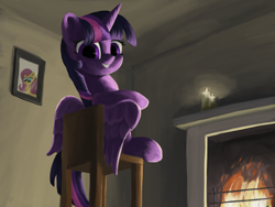 Size: 4000x3000 | Tagged: safe, artist:flusanix, fluttershy, twilight sparkle, alicorn, pony, g4, candle, chair, female, fireplace, looking back, mare, sitting, solo, twilight sparkle (alicorn)