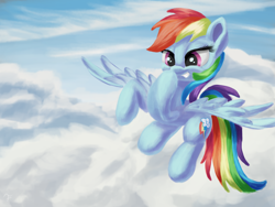 Size: 4000x3000 | Tagged: safe, artist:flusanix, rainbow dash, pegasus, pony, g4, cloud, female, flying, grin, high res, hoof over mouth, mare, outdoors, sky, smiling, solo, spread wings, wings