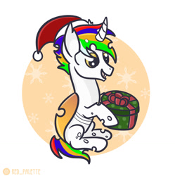 Size: 1280x1287 | Tagged: safe, artist:redpalette, oc, changeling, changeling oc, christmas, christmas changeling, commission, cute, happy, hat, holiday, male, present, santa hat, sitting, smiling, your character here