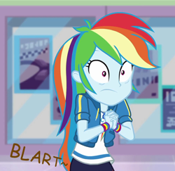 Size: 418x407 | Tagged: safe, artist:thedarkpony, edit, edited screencap, screencap, rainbow dash, dashing through the mall, equestria girls, equestria girls specials, g4, my little pony equestria girls: better together, my little pony equestria girls: holidays unwrapped, clothes, cropped, fart, female, fetish, geode of super speed, implied messing, implied poop, implied scat, implied sharting, magical geodes, onomatopoeia, pants, pantypoop